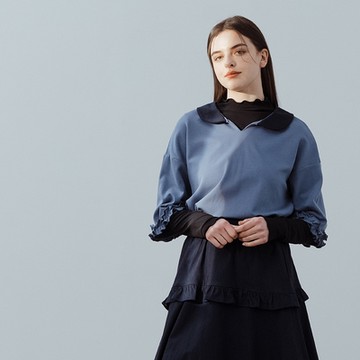 【MASTINA】POLO領下襬鬆緊七分袖上衣 藍 黑