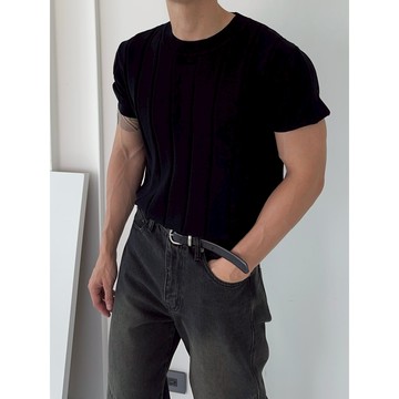 VOYEZ｜🇰🇷顯壯條紋針織短袖上衣｜立體彈性剪裁・透氣顯身形