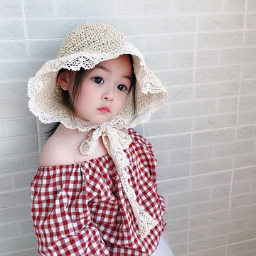 現貨-兒童遮陽防曬草帽蕾絲花邊ins女親子款可折疊夏天沙灘帽女童