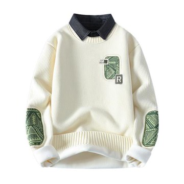 一體絨毛衣男秋冬季潮牌青年拼色假兩件休閑保暖襯衫領針織衫內衣