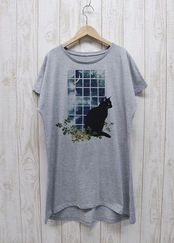 靜謐黑貓 連身裙 Tee 窗邊 MOON 炭灰色 / R031-O-GR