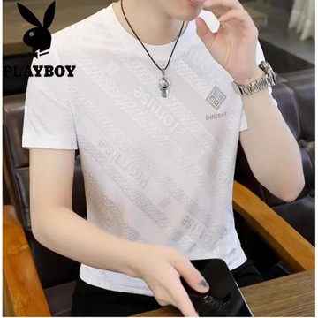 花花公子夏季冰絲短袖T恤男韓版潮流桑蠶絲寬松百搭圓領薄款體恤