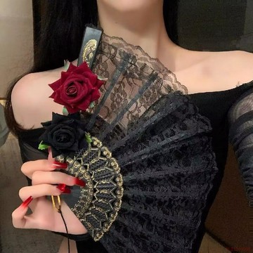 闆娘推薦🌈lolita蕾絲扇子華麗復古玫瑰摺扇子暗黑漫展cos道具哥特配飾裙子
