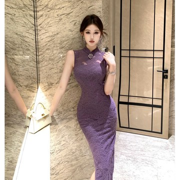 【桃喜Rich女裝】新中式改良版旗袍 氣質蕾絲洋裝 修身顯瘦連衣裙 紫色純欲包臀裙 派對宴會禮服 復古洋裝 國風女裝