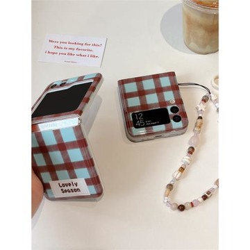 棕藍格子手提珍珠掛繩適用三星zflip6手機殼w23 W24 flip保護套zflip4翻蓋zflip5折疊屏Zfilp3高檔軟膠手機殼