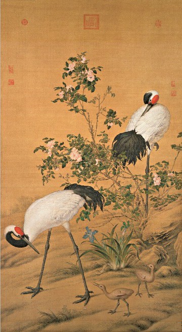 仿古畫名畫復制品郎世寧花蔭雙鶴圖47X86厘米名人字畫花鳥畫國畫