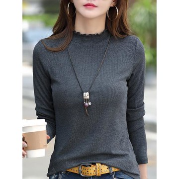 木耳半高領純棉長袖針織衫大碼修身內搭奶奶秋衣中老年媽媽打底衫