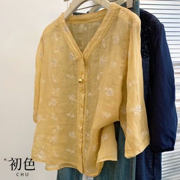 初色 簡約刺繡拼色V領長袖排扣襯衫上衣女上衣-黃色-14286(M-2XL可選)