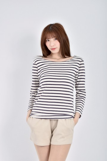 (S) aoki質感條紋白色長袖上衣