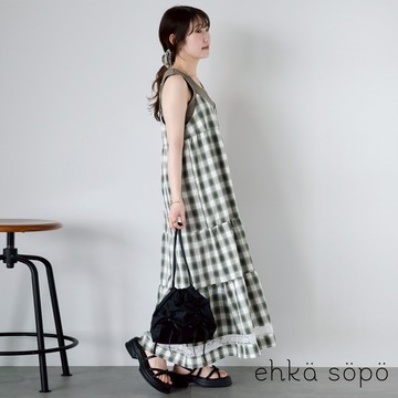 ehka sopo 經典格紋蛋糕分層感下襬蕾絲吊帶洋裝(0F000884810)