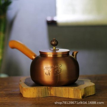 純紫銅側把小壺茶室泡茶壺雕刻手工加厚銅壺復古日本茶具實木手柄