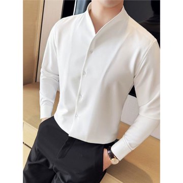立領襯衫男長袖新中式免燙垂感彈力高級感商務無痕V領白色襯衣潮