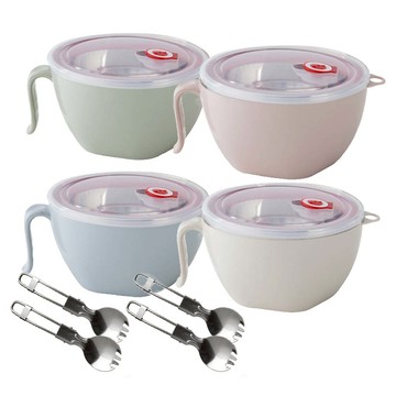 4入組 316不锈鋼隔熱保鮮泡麵碗 1200ML 附上蓋+湯叉匙  蘇打藍 + 香草綠 + 草莓粉 + 奶昔白  1箱