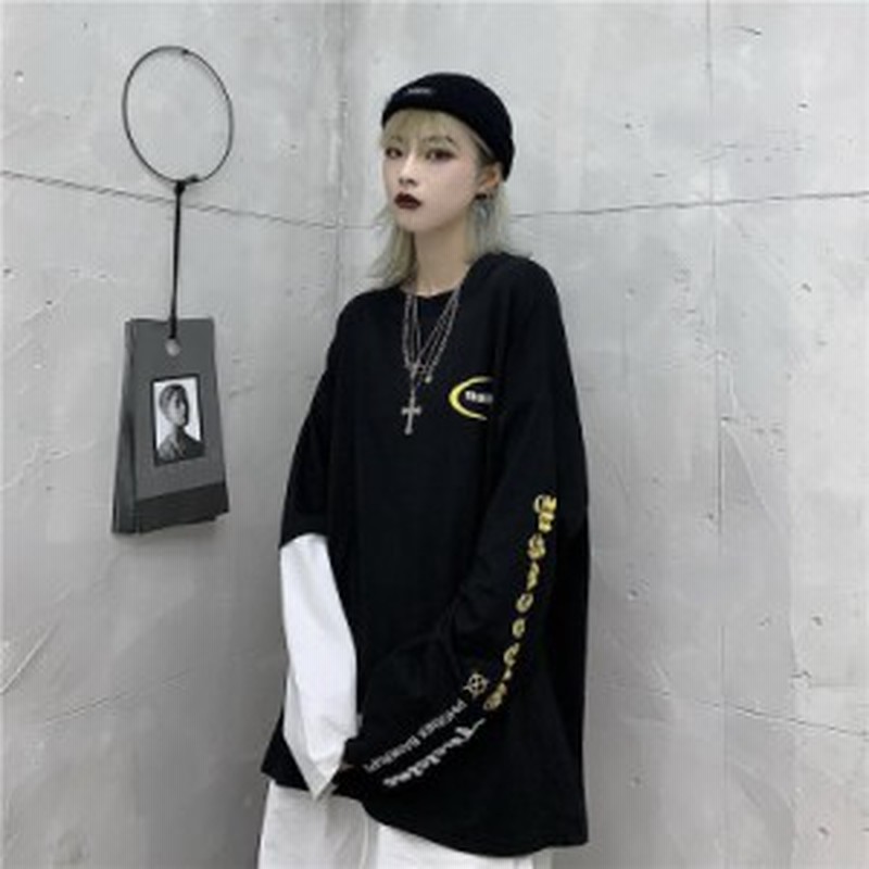 レディースファッション 新しい女性長袖原宿tシャツoネック緩いfemaletopsフェイク2ピースプルオーバーtシャツロシア文字 通販 Lineポイント最大get Lineショッピング