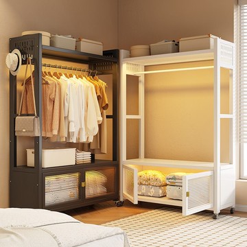 【洞洞板帶輪衣柜】加厚鋼制衣架落地式臥室可移動衣帽架儲物柜子 y8068