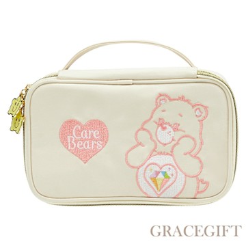 【Grace Gift】CareBears-鑽石小熊萬用手提旅行化妝包 米白