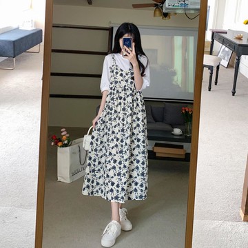 SY法式洋裝溫柔風假兩件揹帶短袖連衣裙夏季新款韓版寬鬆顯瘦中長款接拼碎花連身裙女