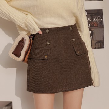 毛呢A字雙排扣短裙-卡【KT21748】-2色