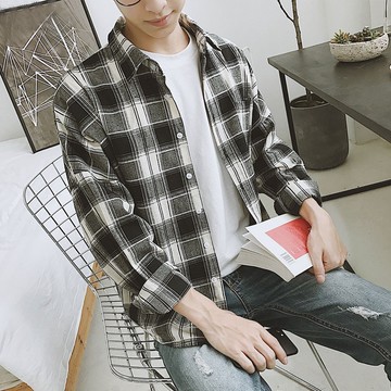 FINDSENSE H1 2018 夏季 新款 經典 復古 格子 寬鬆  長袖襯衫 外套 男 潮流 上衣 男