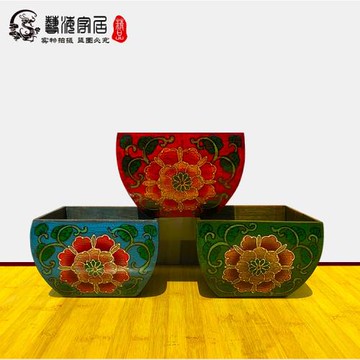 玄關鑰匙桌面雜物收納盒米斗木盒儲物盒中式遙控器盒彩繪花盆花籃