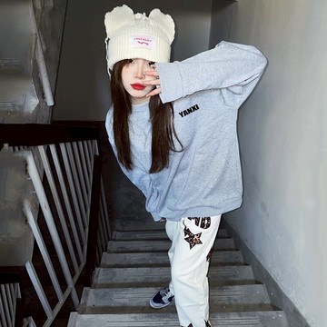 秋冬加絨衛衣女韓版休閑oversize潮牌設計感百搭袖口拉鏈圓領上衣