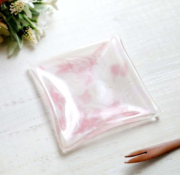 日本手作玻璃方形小皿 花霞 櫻粉色大理石紋窯燒工藝皿