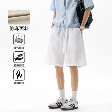 涼感透氣短褲男夏季薄款老錢風仿麻運動中褲潮牌高街復古五分褲子老錢風 男士夏季 高級感 輕熟風 透氣 短褲
