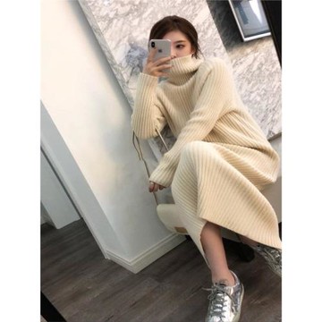 超長款純山羊絨衫女中長款高領加厚寬松過膝腳踝配大衣毛衣裙羊毛