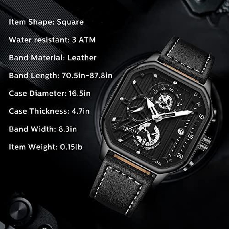 Mens Watch Analog Black Watches for Men Automatic Chronograph Wrist Watch with Calendar Business Mens Leather Watch