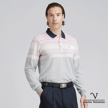 Emilio Valentino 范倫鐵諾男裝精梳棉胸袋薄長袖POLO衫_粉/灰(15-4V8963)