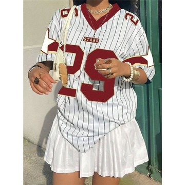 現款免運 大碼美式冰球服 橄欖服 美式球衣 美式新款撞色休閒短袖寬鬆印花夏季辣妹上衣W