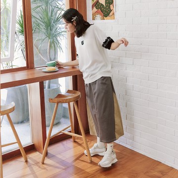 【Dailo】三角輪廓配色拼接仿牛仔中長裙 藍 深藍 灰