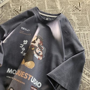 男士短袖t恤夏季薄款五分袖卡通印花圓領體恤青少年學生半袖上衣