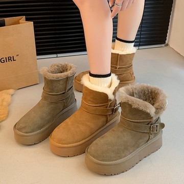 雪靴．可愛絨面素色金屬釦一字帶內刷毛厚底短靴．白鳥麗子