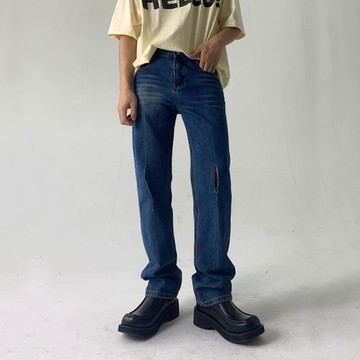 ins復古個性休閑百搭中腰開裂膝蓋破洞牛仔褲男修身直筒寬松顯瘦