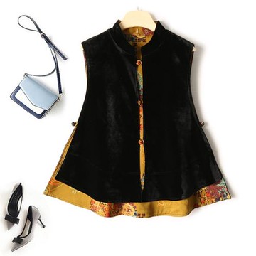 復古風輕奢絲絨馬夾a字版寬松單排扣立領女裝外套開衫秋季馬甲女