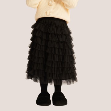 love, charlotte - 氣質多層次軟網紗蛋糕長裙-黑色