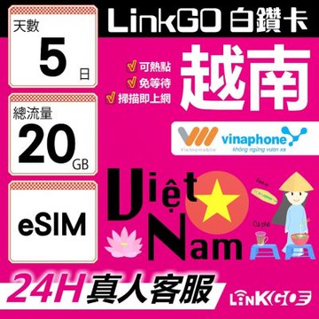 LinkGO白鑽卡 越南 eSIM卡 5天上網卡 總流量20GB 雙電信 高速流量(越南網卡 下龍灣 峴港 胡志明市)