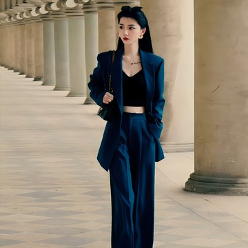藍色休閒套裝女 韓版長袖西裝 長袖外套+闊腿褲 秋季時尚套裝 兩件套裝女