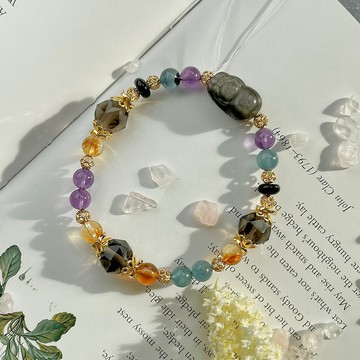 開運招財 銀曜石貔貅14KG水晶手鍊 海藍寶 黃水晶 紫水晶 冰曜石