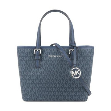 MICHAEL KORS 滿版圓形銀字Logo 塗層帆布小款托特包(海軍藍)