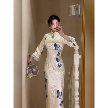 大碼新中式國風改良旗袍絲絨連衣裙女裝秋冬復古名媛收腰包臀長裙