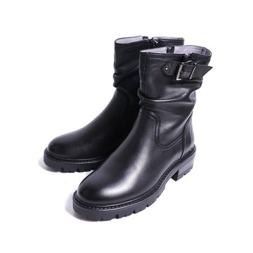 個性仿舊質感真皮釦環短靴黑色