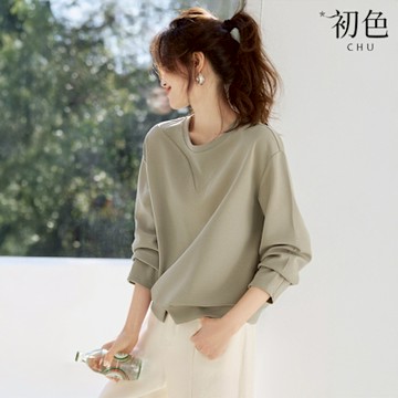 初色 純色簡約切割設計下擺開叉T恤上衣女上衣-綠色-11047(M-2XL可選)