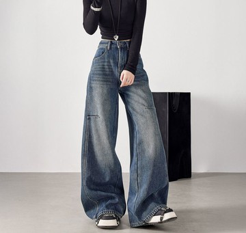 復古彎刀縫線闊腿褲