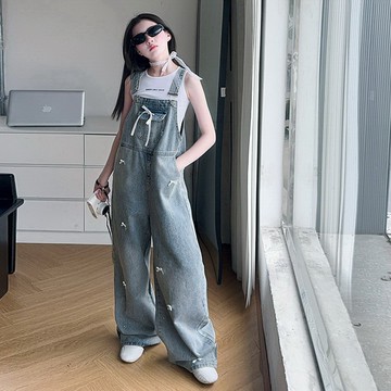【中大女童/親子裝】美式復古蝴蝶結連身牛仔背帶褲套裝(可拆售)