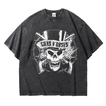 gunsnrose槍花搖滾槍炮玫瑰樂隊重磅復古做舊水洗T恤寬松落肩純棉