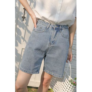 淺藍小清新高腰牛仔直筒褲夏季新款可愛少女學院風設計感百搭短褲