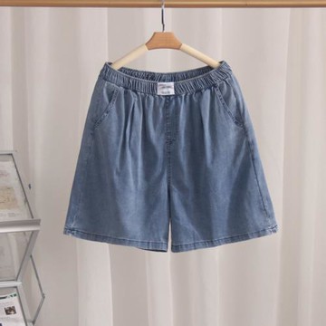 胖mm大碼女裝夏季松緊腰高腰寬松直筒闊腿貼布薄款天絲牛仔短褲子