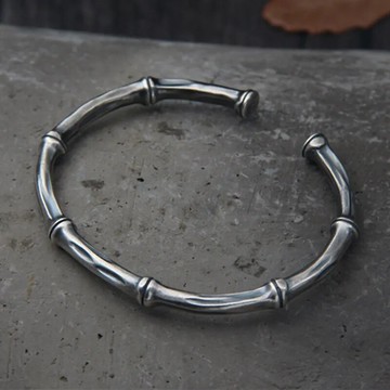 鍍銀潮人簡約男女款竹節手鐲民族風復古個性手環光面竹子開口鐲子